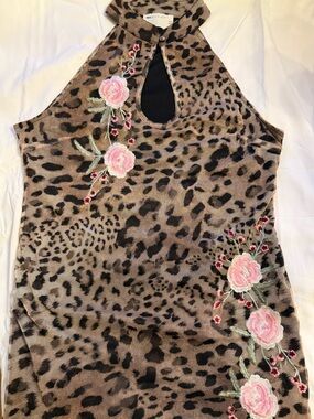Leopard Print Halter Slip Dress with Pink Floral Embroidery